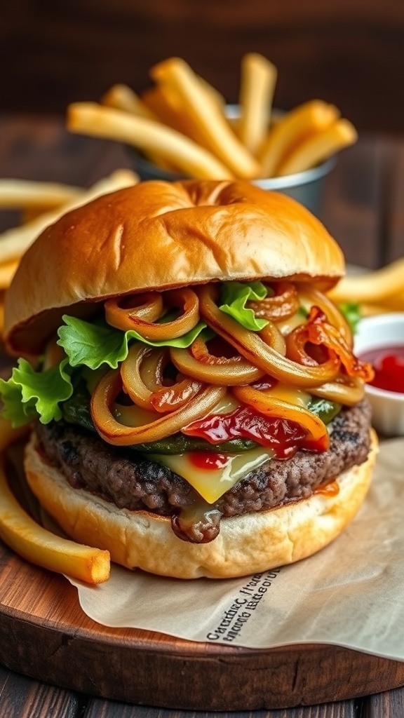 A juicy caramelized onion burger with beef patty, cheese, lettuce, and tomato on a toasted bun, served with fries.